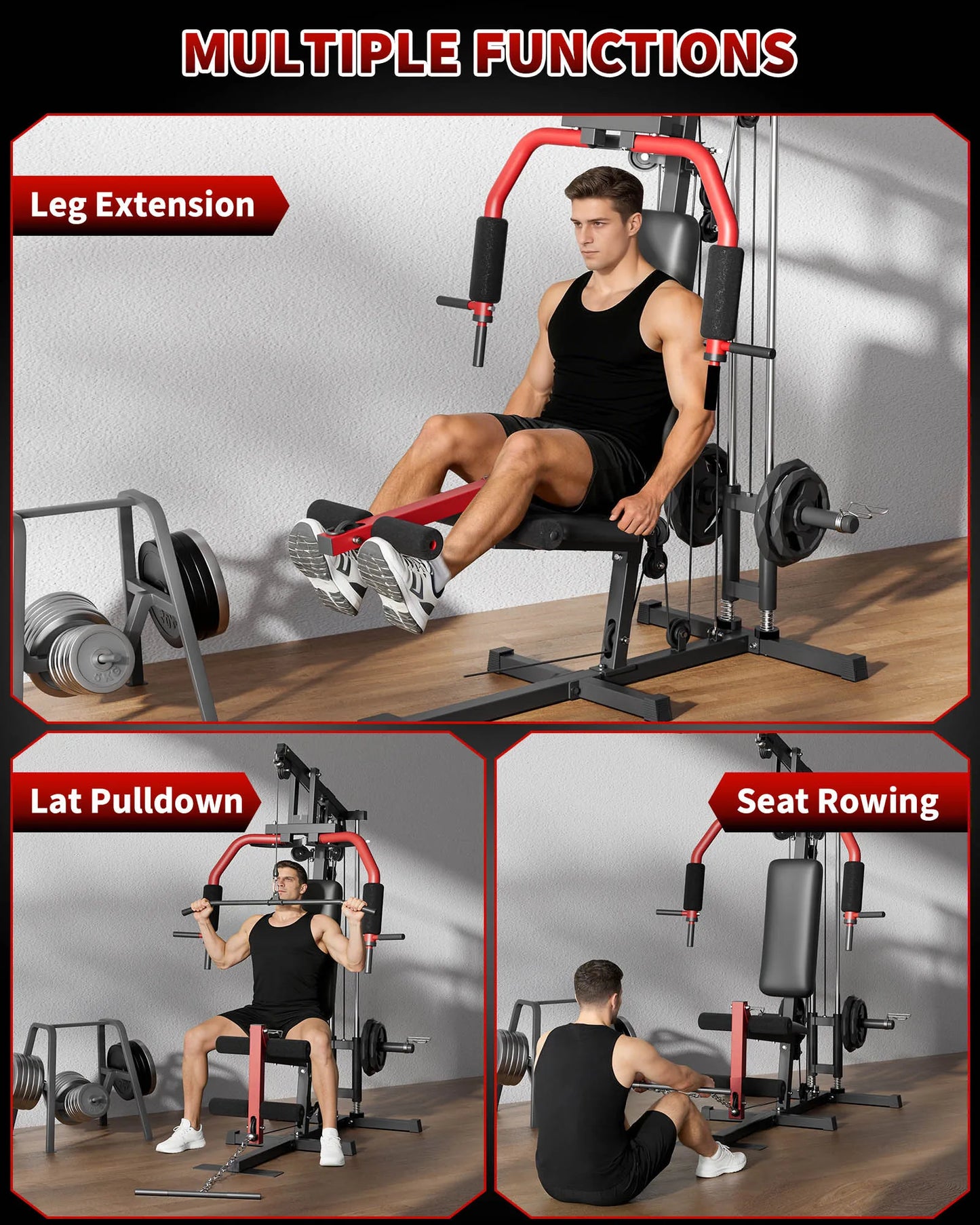 HiMISS 5 In 1 Home Gym Machine With Lat Pulldown Leg Extension Seated Row