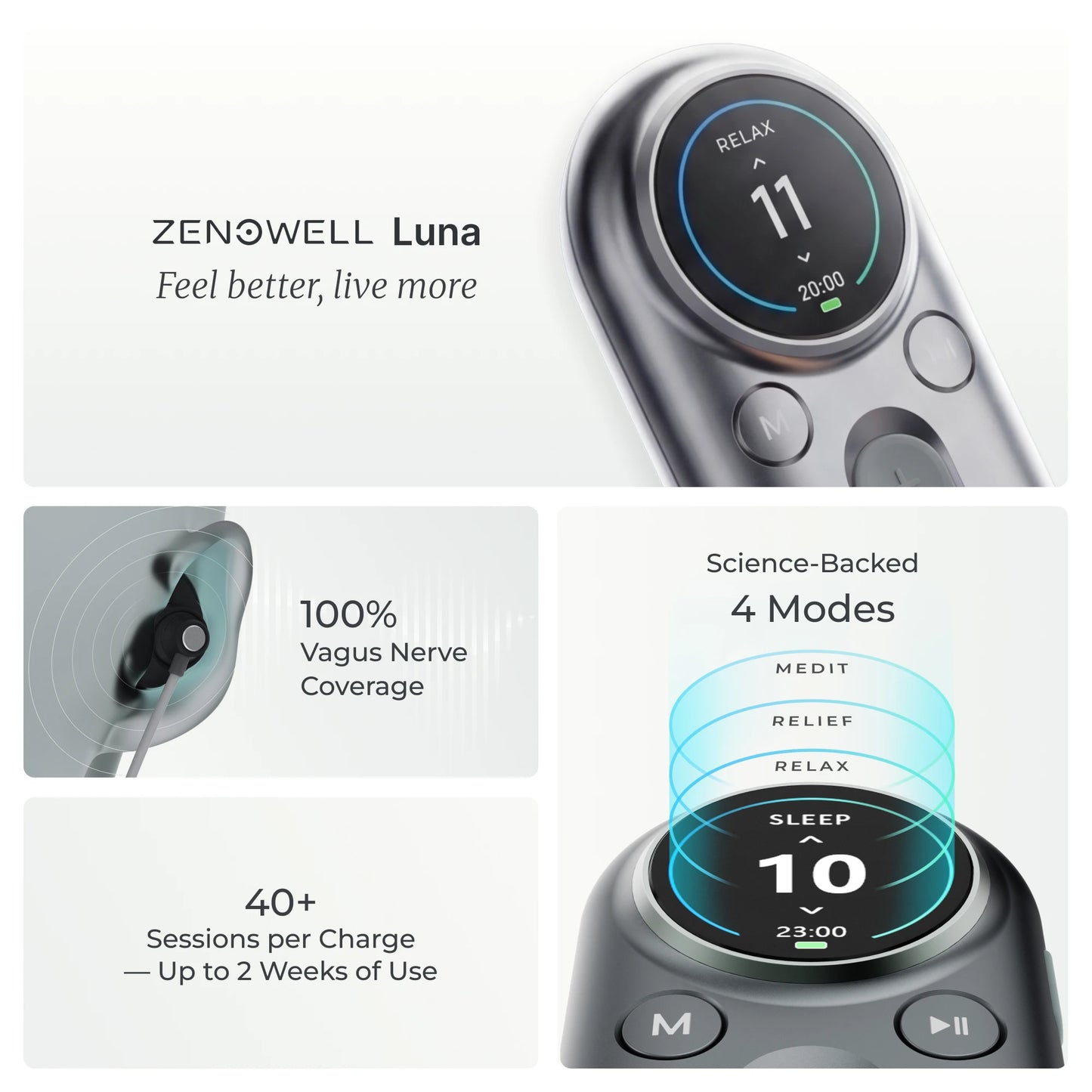 ZenoWell Luna Ear taVNS Vagus Nerve Stimulator, Sleep Support, Relaxation, Meditation & Breath Training, Portable