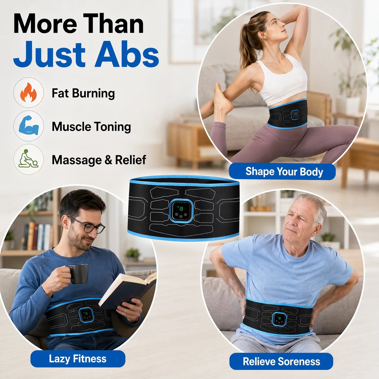 Smart EMS Abdominal Muscle Trainer Belt No Gel Needed Fitness Body Shaper Massager 9 Levels Intensity Home Gym Equipment