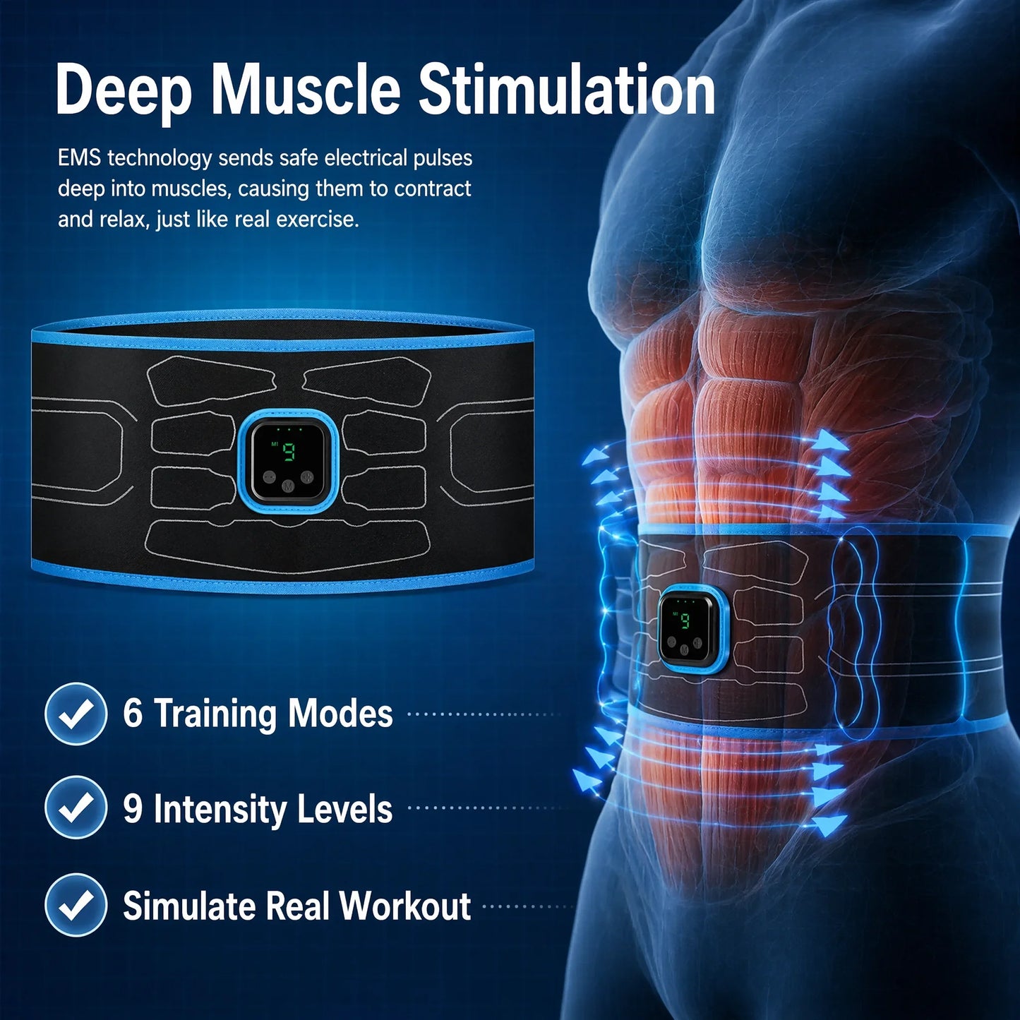 Smart EMS Abdominal Muscle Trainer Belt No Gel Needed Fitness Body Shaper Massager 9 Levels Intensity Home Gym Equipment