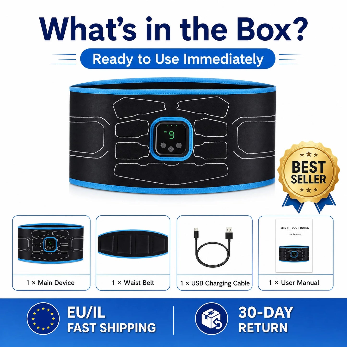 Smart EMS Abdominal Muscle Trainer Belt No Gel Needed Fitness Body Shaper Massager 9 Levels Intensity Home Gym Equipment